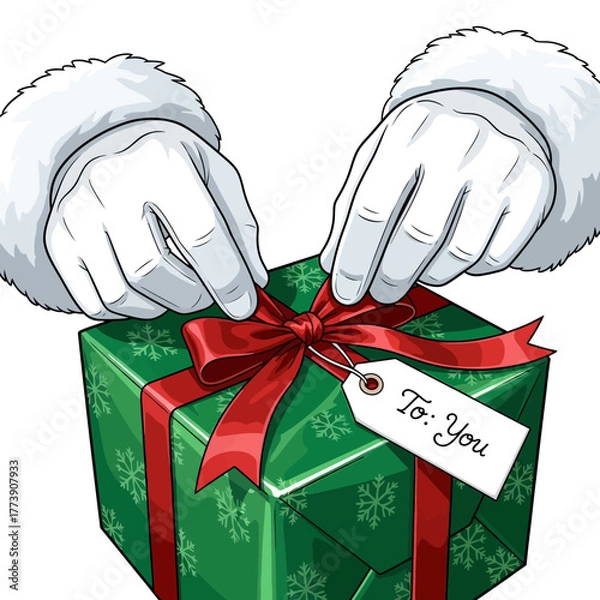 Obraz Santa's hands carefully tying a red bow on a green christmas present with a tag that says to you