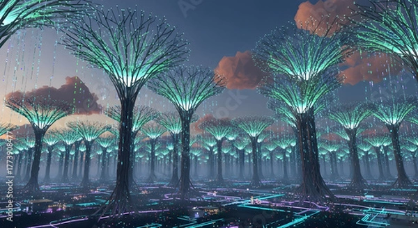 Obraz Futuristic Luminous Tree Grove at Night | Fantasy Forest with Glowing Plants and Neon Pathways for Science Fiction Backgrounds and Technology Concepts