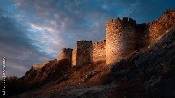 Obraz Ancient stone fortress with turrets and battlements on a rocky hillside under a dramatic evening sky