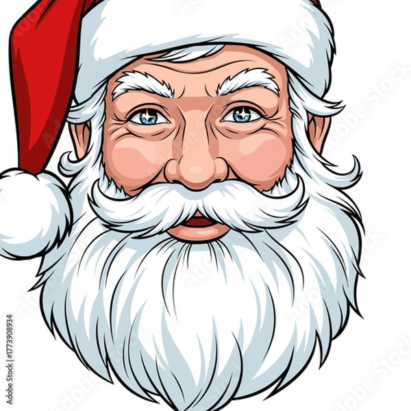Obraz Illustration of santa claus face with white beard and red hat on a white background close up view