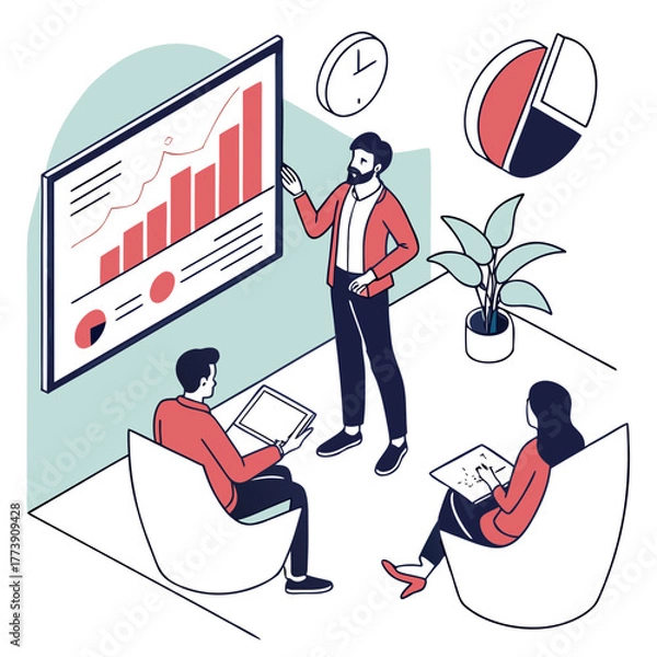 Fototapeta Business team analyzing financial growth charts and data during a collaborative meeting presentation in a modern office setting