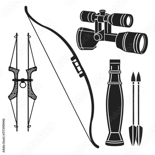 Fototapeta Collection of black silhouette hunting and archery equipment including a bow quiver arrows binoculars and a scope for a rifle or bow for outdoor sport and recreation