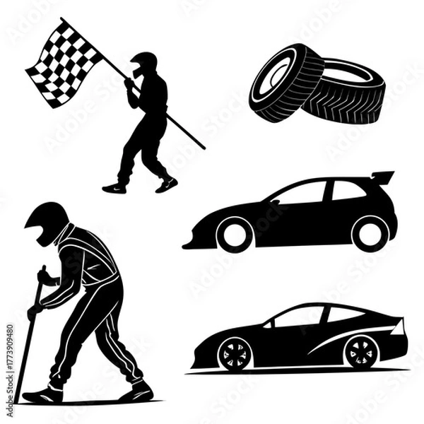 Fototapeta Collection of black racing silhouettes including a checkered flag waving two race car tires a driver with a checkered flag a driver with a stick and two sports cars