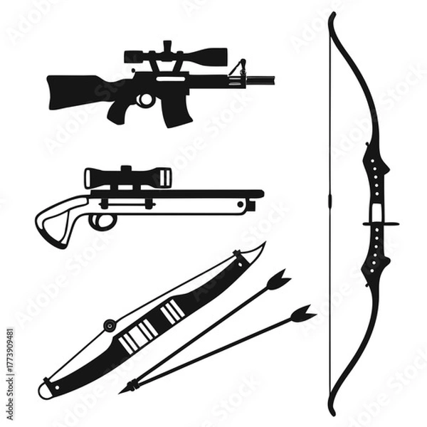 Fototapeta Collection of black silhouette hunting weapons including two rifles with scopes a recurve bow and arrows and a longbow with arrows on a white background