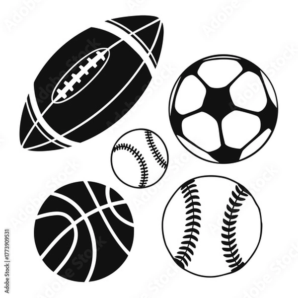 Fototapeta Collection of five distinct sports balls including a black and white american football soccer ball basketball and two baseballs arranged in a scattered pattern on a white background