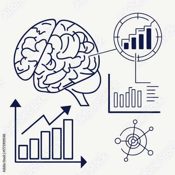 Fototapeta Conceptual illustration of a human brain connected to various data charts and graphs representing analytics growth and intelligence in a clean minimalist dark blue line art style on a white background