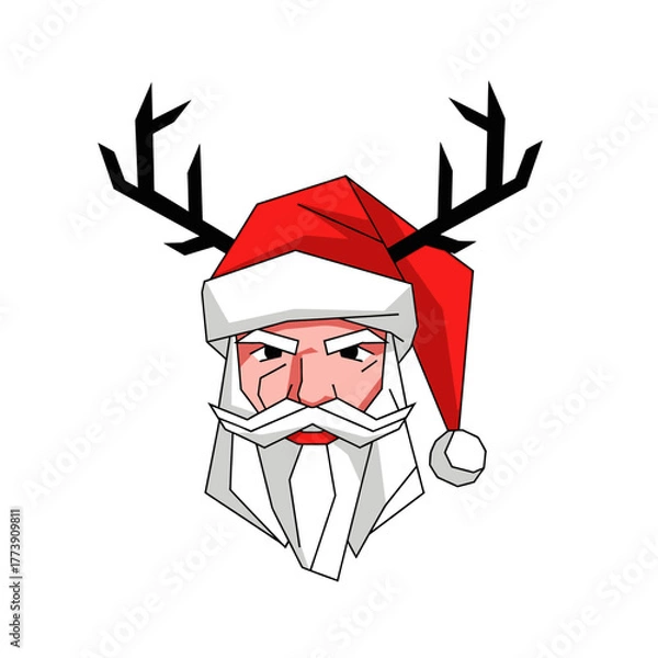 Obraz Geometric santa claus head with red hat white beard and black antlers on a white background art