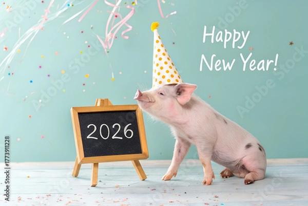 Obraz Pig in polka-dot party hat beside “2026” chalkboard on teal with confetti—festive, cheerful scene blending cuteness, celebration, and seasonal joy. generative ai