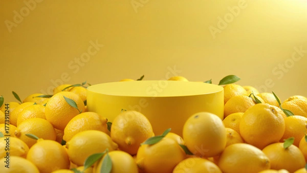 Fototapeta Minimalist yellow podium surrounded by fresh lemons  vibrant citrus background for product display or advertising concept.