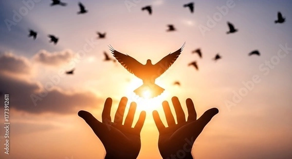 Fototapeta Hopeful hands release a silhouette dove into a vibrant sunset sky with flocking birds soaring above during golden hour
