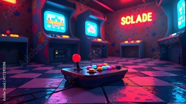 Obraz Retro 90s Gaming Scene Vector – Pixel Art Joystick and Neon Arcade Screen