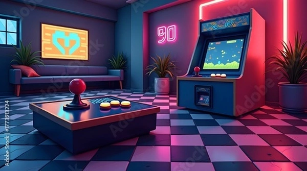 Obraz Retro 90s Gaming Scene Vector – Pixel Art Joystick and Neon Arcade Screen