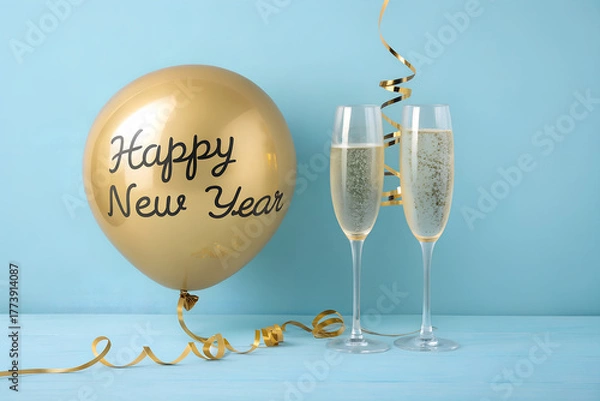 Obraz Gold “Happy New Year” balloon with champagne flutes and ribbon on blue—festive, refined setup evoking joy, elegance, and celebration for the new year. generative ai