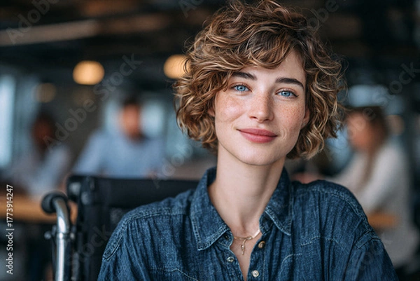 Fototapeta Confident white woman in a wheelchair: A close-up of a confident person with striking features and a gentle smile. White woman in wheelchair