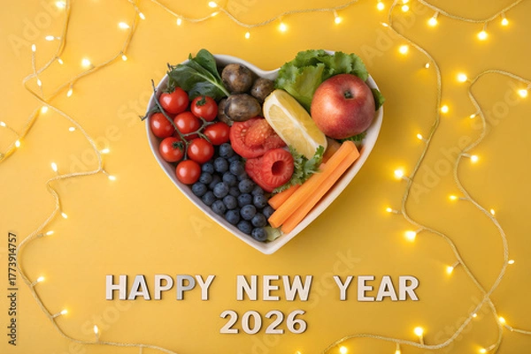 Obraz Heart-shaped bowl of fruits and veggies on yellow with lights—“HAPPY NEW YEAR 2026” celebrates wellness, vitality, and fresh beginnings with festive charm. generative ai