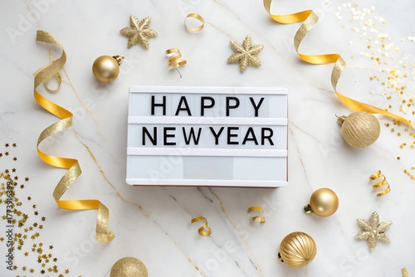 Obraz “HAPPY NEW YEAR” lightbox on marble with gold ribbons, stars, baubles, and confetti—stylish festive arrangement radiating joy, elegance, and celebration. generative ai