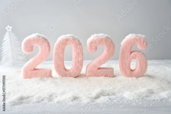 Obraz Snow-dusted pink “2026” figures on wintry surface with white Christmas tree—minimal festive scene blending seasonal charm, celebration, and clean elegance. generative ai