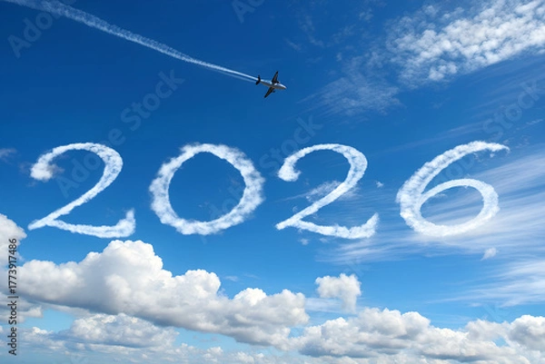 Obraz Skywritten “2026” in cloud-like contrail—airplane soaring through blue sky above scattered clouds, symbolizing aspirations, movement, and the future ahead. generative ai