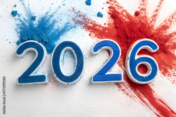 Obraz Bold blue “2026” with white outline on white surface—dynamic splash of red and blue powder adds energy, motion, and celebration to this vibrant milestone visual. generative ai