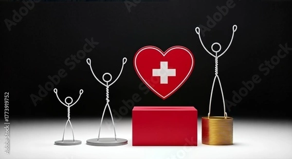 Fototapeta Three wireframe figures of varying heights stand on pedestals with a red heart and white cross symbol behind them.