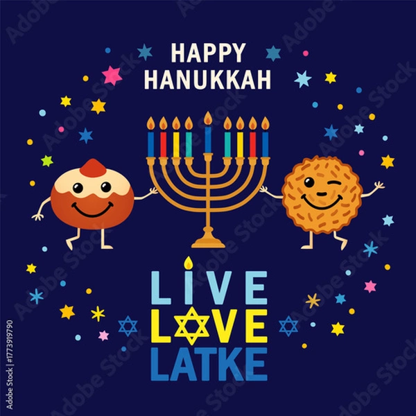 Fototapeta Happy Hanukkah creative card with funny sufganiyot and latke emoji and colored menorah. Live, Love, Latke - vector illustration for the Festival of Lights