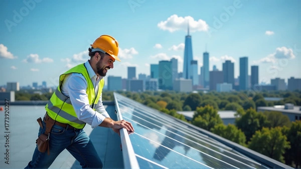 Obraz Vibrant Green Future: Energetic Technician on Modern Rooftop