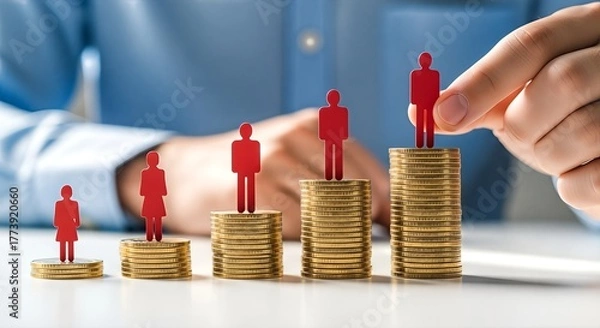 Obraz A person's hand placing a red human figure on a growing stack of gold coins, symbolizing career progression and financial growth.