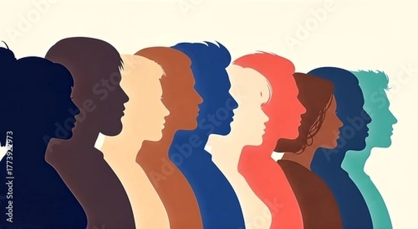 Fototapeta Diverse group of people in profile, representing unity, community, and modern society with vibrant colors and clean design, perfect for business and social campaigns