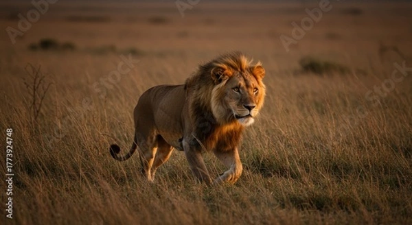 Obraz Majestic Lion Walking Through Golden Grassland at Sunset