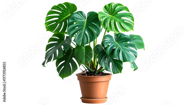 Fototapeta Lush green Swiss cheese plant with large, split leaves in a terracotta pot against a black backdrop