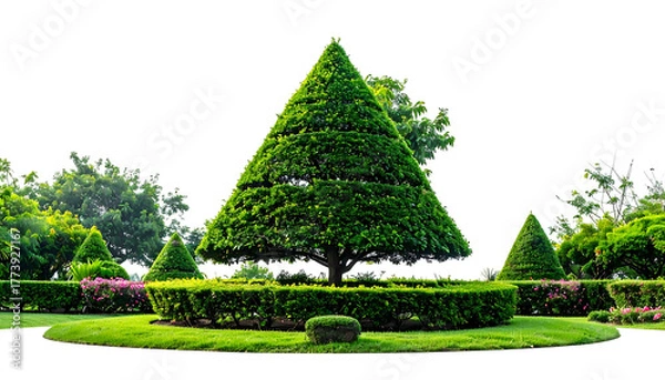 Fototapeta Well-manicured garden featuring a conical topiary tree surrounded by lush greenery