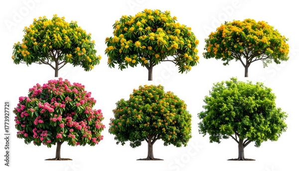 Fototapeta Six isolated trees with varying foliage colors yellow, orange, green, and pink blossoms