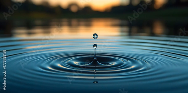 Fototapeta Tranquil lake scene with single water droplet forming concentric ripples, representing balance, harmony, and the influence of kindness spreading through society