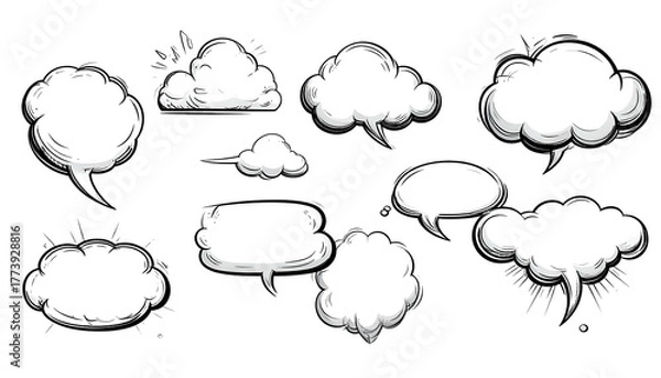 Fototapeta Cartoon speech bubbles of different shapes, outlines in black, on a black background