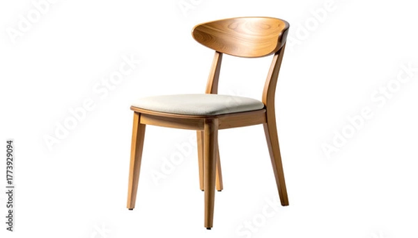 Fototapeta Wooden chair with curved back, cream cushion, legs, and a shadow against a black background