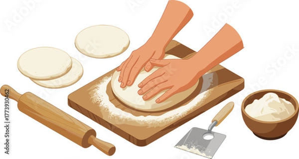 Fototapeta Hands kneading bread dough on wooden board with flour bowl and rolling pin, bakery preparation process illustration, homemade cooking concept