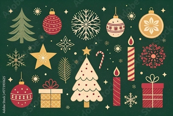 Fototapeta Festive christmas collection of ornaments trees gifts candles fireworks and snowflakes