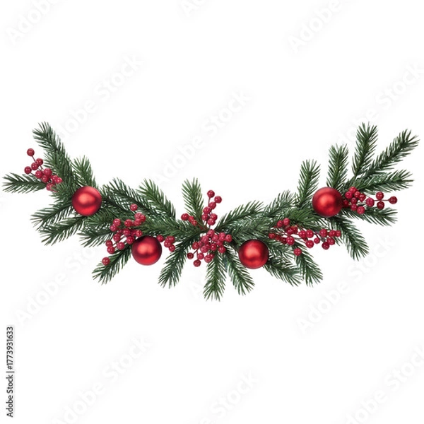 Fototapeta Christmas Garland of Pine Branches with Red Berries and Ornaments on Transparent Background