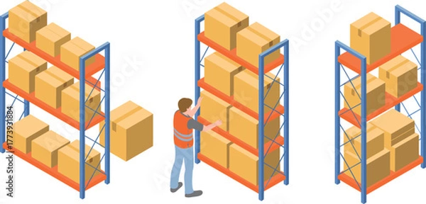 Fototapeta Isometric warehouse illustration showing worker organizing cardboard boxes on metal storage racks, logistics inventory management and supply chain concept
