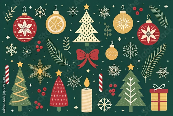 Fototapeta Festive christmas collection full of holiday ornaments trees gifts and decorations