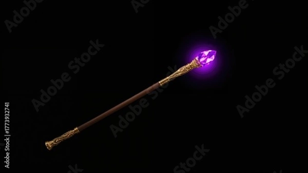 Fototapeta A magic wand with a glowing purple gem at the tip against a black background. Fantasy and magic concept. Mystical and enchanting objects. The concept of magic and spellcasting.