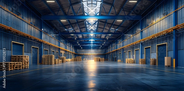 Fototapeta Industrial high-bay LED lighting system in spacious factory interior, strong illumination emphasizing architecture, structure, and efficiency.