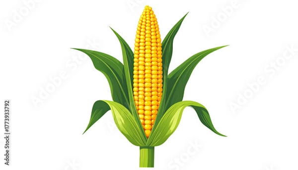 Obraz A ripe ear of corn with vibrant yellow kernels and green leaves, against a black backdrop