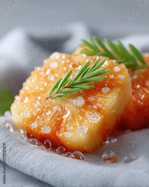 Fototapeta Golden Pineapple Slice Topped with Rosemary and Sugar Crystals and Water Droplets on a Grey Fabric with Soft Lighting