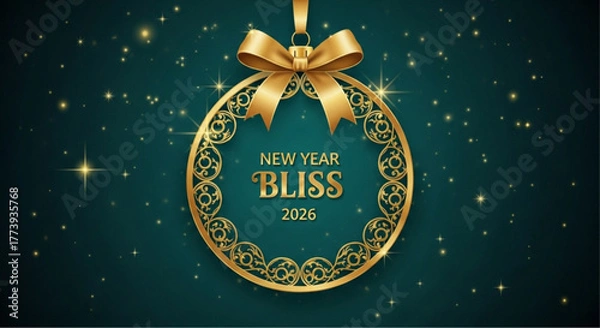 Obraz A golden ornament with the inscription New Year Bliss 2026 hangs gracefully, set against a twinkling emerald backdrop of stars, conjuring feelings of hope. vector illustration
