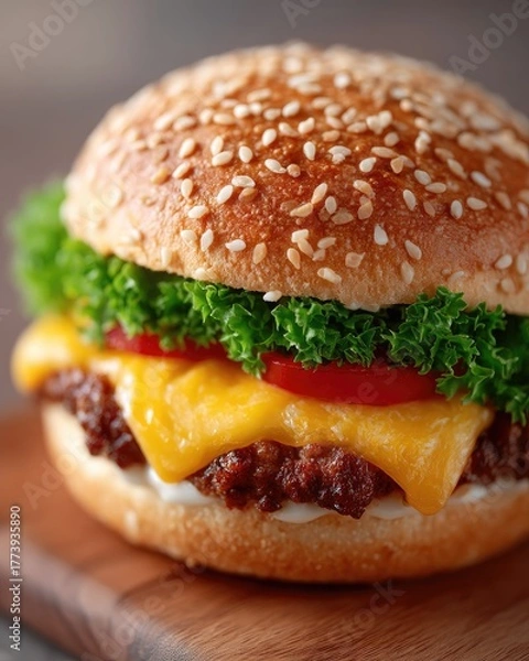 Fototapeta Juicy Cheeseburger With Melted Cheddar Cheese Lettuce and Tomato on a Sesame Seed Bun on a Wooden Board