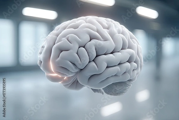 Fototapeta Detailed Macro Close Up Of A White Human Brain Scan Levitating In A Modern Futuristic Hallway With Soft Lighting Creating A Sense Of Advanced Medical Technology And Scientific Discovery