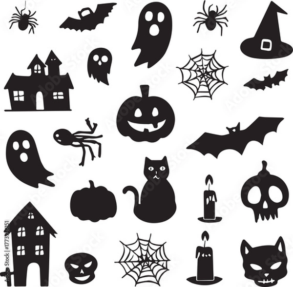 Fototapeta Halloween Silhouette Vector Set – Pumpkins, Ghosts, Bats, and Spooky Icons