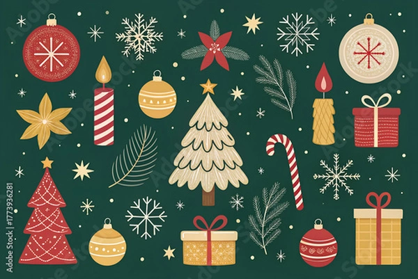 Obraz Festive christmas collection featuring ornaments gifts candles and trees for holiday cheer