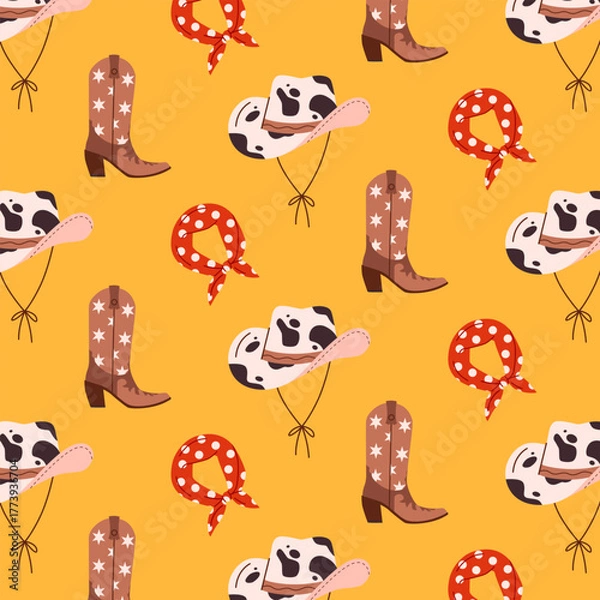 Obraz Vector seamless western style pattern. Wild west pattern. Cowboy boots, bandana and hat